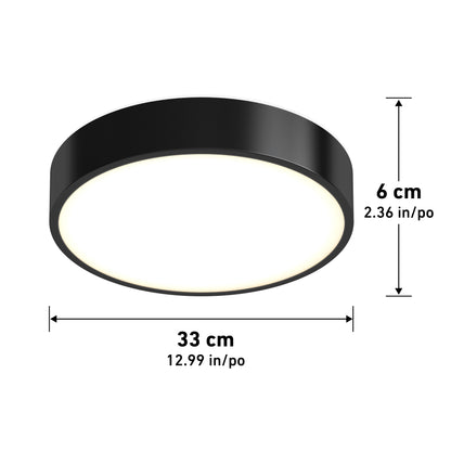 The Concerto LED Flush Mount is a round, black ceiling light measuring 33 cm (12.99 in) in diameter and 6 cm (2.36 in) high.