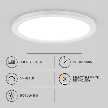 The 15" LED Skylight with 3 colour trim rings is displayed above icons and text showing its features: dimmable, adjustable colour balance, 2500 lumens, 50,000-hour lifespan, and integrated LED technology.