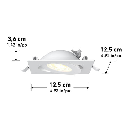 Skyview 4in Gimbal Square, 5CCT LED: recessed downlight with white square trim, 12.5 cm (4.92 in) wide/long, and 3.6 cm (1.42 in) high, shown angled downward with labeled dimensions.