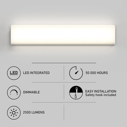 The Aster 27in Energy Star LED Vanity Light glows on a gray wall. Icons and text highlight its features: integrated LED, dimmable, 2500 lumens, 50,000-hour lifespan, and easy installation with included safety hook.