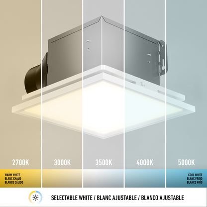 The 5 CCT Skylight Breeze Integrated LED Bathroom Fan is shown with five color temperatures: 2700K (warm white), 3000K, 3500K, 4000K, and 5000K (cool white), each emitting a distinct shade of white light.
