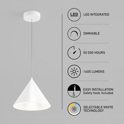 A Denali LED Pendant 3CCT hangs from the ceiling. To the right, icons and text highlight features: integrated LED, dimmable, 50,000-hour lifespan, 1600 lumens, easy installation, and selectable white technology.