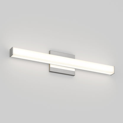 The Mylo LED Vanity Light 24IN is a modern, rectangular fixture with a sleek, minimalist design. Mounted on a square base, it emits a bright, even glow and is shown installed on a plain light gray wall.