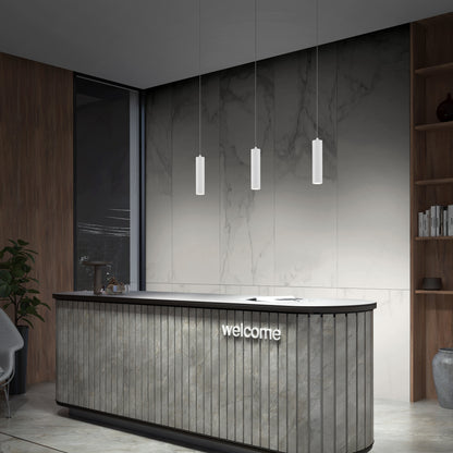 A modern reception desk with a welcome sign, vertical wood paneling, and three Damian LED Cylinder Pendants. The background features a marble wall, wood accents, plants, and shelves on either side.