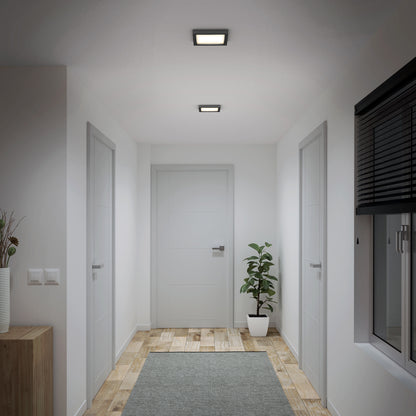 A modern hallway with light wood flooring, white walls, four side doors, an end door, a potted plant by the end door, and a right window with black blinds is brilliantly lit by the Skylight Pro Square 7in 3K LED Flush Mount ceiling lights.