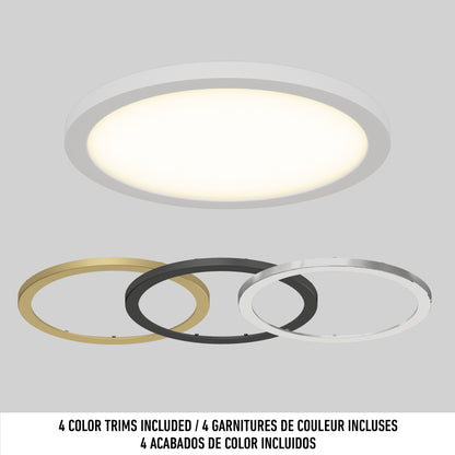 The 15" LED Skylight, perfect for modern spaces, includes three interchangeable trim rings—gold, black, and silver. Displayed below the light: “3 COLOUR TRIMS INCLUDED” in English, French, and Spanish.