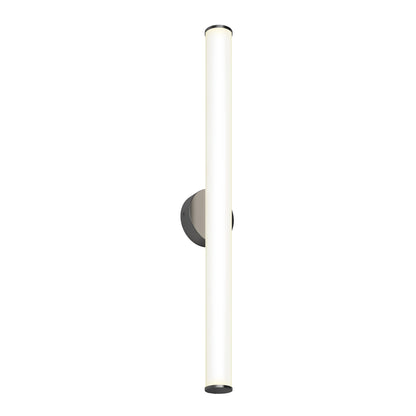 The Kalio Indoor LED Wall Sconce 32" features a modern cylindrical design with a black circular base and a long vertical frosted light tube, emitting soft white light. Compatible with 0-10V dimming and 120-277V.