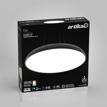A black box for the Flint LED Pendant displays an image of its circular light fixture, key specs, and logos on a grey background. The packaging emphasizes a 50,000-hour lifespan and 2800 lumens brightness.