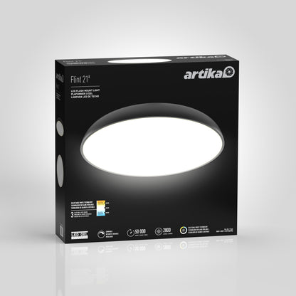 A black box of the Flint LED Flush Mount by Artika featuring a large oval light image, visible product specs, and branding details on the packaging.