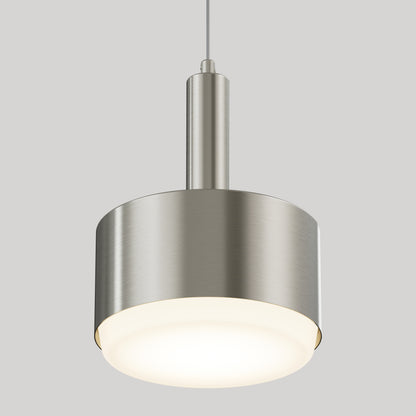 The Fritz Mini LED Pendant features a cylindrical brushed metal shade, frosted white diffuser, LED dimmable functionality, and tunable colour temperature. It's suspended from a thin cord against a plain light gray background.