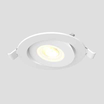 The Skyview 4in Gimbal Round, 5CCT LED is a white, round recessed light with adjustable mounting clips and selectable color temperature. Its glowing center offers versatility and it is JA8‑2022 compliant for energy efficiency and safety.