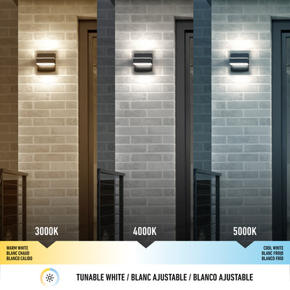 Three side-by-side images show the Mezzo LED Indoor/Outdoor Wall Sconce Light at 3000K (warm white), 4000K (neutral white), and 5000K (cool white), demonstrating its tunable white LED lighting feature.