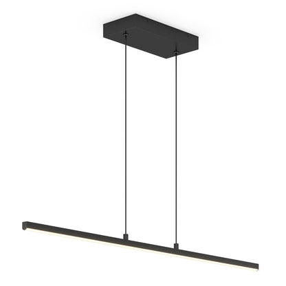 Delta LED Linear Pendant 36IN features a minimalist black rectangular design with two suspension cables, a slim horizontal LED bar, and a matching ceiling mount, shown against a plain white background.