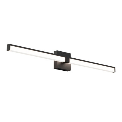 The Tivoli 36'' LED Vanity Light is a modern, wall-mounted fixture with a sleek black finish and minimalist rectangular design, providing bright, even illumination.