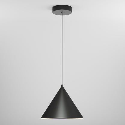 The Denali LED Pendant 3CCT, a sleek black cone-shaped fixture, hangs from a thin cord against a plain white background.