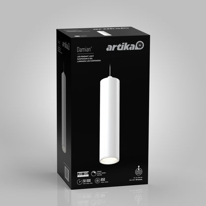 Black box packaging for the Damian LED Cylinder Pendant, showing an image of the white cylindrical light and product info like lifespan, brightness, and energy efficiency icons.