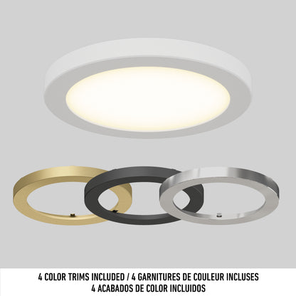 A 7" LED Skylight with a white trim is shown above three interchangeable trim rings in gold, black, and silver. Text below says "3 colour trims included" in English, French, and Spanish.