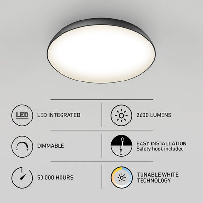 The Flint LED Flush Mount is shown above feature icons: LED integrated, 2600 lumens, dimmable, 50,000-hour lifespan, easy installation, and tunable white technology.