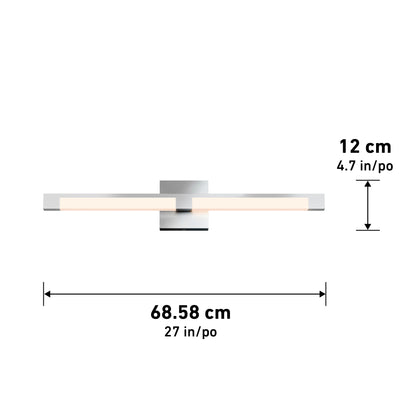 The Tivoli 27'' Vanity Light is a wall-mounted fixture with a rectangular base, measuring 68.58 cm (27 in) wide and 12 cm (4.7 in) high, shown with labeled dimensions in both centimeters and inches.