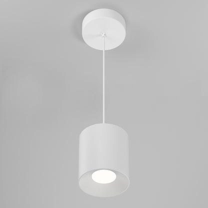 The Beam Pro 8 Integrated LED 2-IN-1 Ceiling Mount Pendant features a modern white cylindrical shade, hanging by a slim cord, illuminating brightly against a plain gray background.