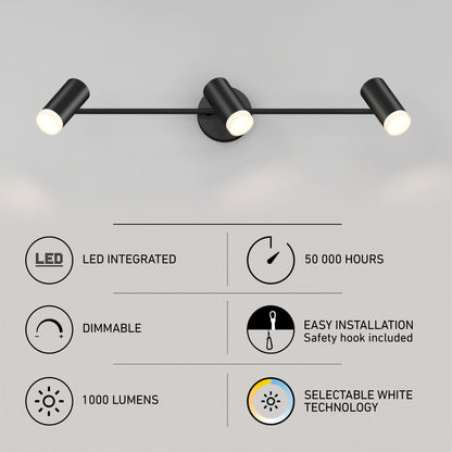 The 32" Blake 3L tracklight is a modern black triple spotlight with LED integration, 50,000-hour lifespan, dimmable function, easy installation, 1000 lumens, selectable white technology, and versatile accent lighting.