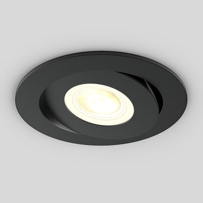 The Skyview 4in Gimbal Round, 5CCT LED is a black, round recessed LED light fixture with an adjustable colour temperature bulb, shown against a plain white background.