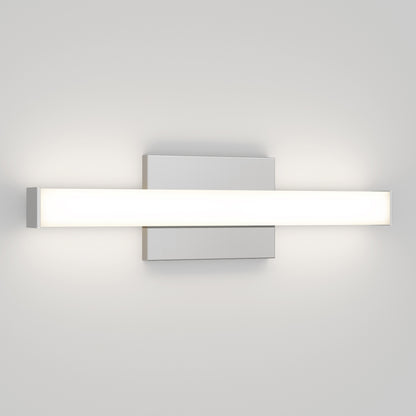 The Mylo LED Vanity Light 16IN features a modern wall-mounted design with a rectangular white base and a long frosted bar that emits soft light, perfect for illuminating any plain, light-colored wall.