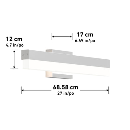 The Mystic LED Vanity Light is a modern, horizontal wall fixture with a metallic finish, measuring 12 cm (4.7 in) tall, 17 cm (6.69 in) deep, and 68.58 cm (27 in) wide.