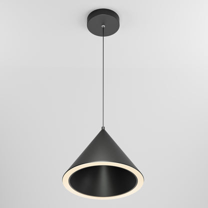 The Denali LED Pendant 3CCT features a matte black, cone-shaped shade with a circular LED ring around the inner edge, suspended from a plain white ceiling.