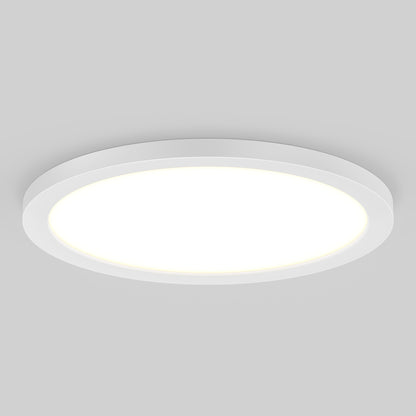 The 15" LED Skylight with 3 colour trim rings is a modern, round, white ceiling light featuring adjustable color balance for customizable ambiance and a smooth, flat design that emits a soft, bright glow.