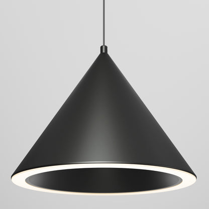 The Denali LED Pendant 3CCT features a modern black cone-shaped shade suspended from the ceiling, casting a soft circular glow from its inner edge against a plain light gray background.