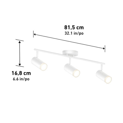 The 32" Blake 3L tracklight features a white round base and three adjustable LED bulbs, measuring 81.5 cm long and 16.8 cm high, providing versatile accent lighting for any space.