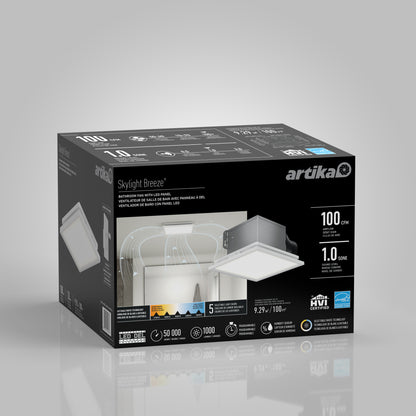 A black and gray box for the 5 CCT Skylight Breeze Integrated LED Bathroom Fan displays an LED panel with a fan and vent, product specs, icons, and an airflow illustration below the panel.