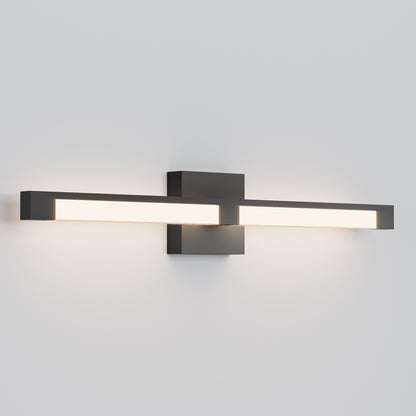 The Tivoli 27'' Vanity Light features a modern wall-mounted design with a rectangular black base and two horizontal illuminated bars on each side, shown here against a plain white wall.