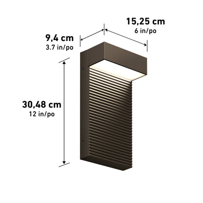 The Dark Sky Integrated LED Outdoor Wall Light is a rectangular sconce with a ribbed, textured finish; it measures 30.48 cm (12 in) tall, 15.25 cm (6 in) deep, and 9.4 cm (3.7 in) wide.