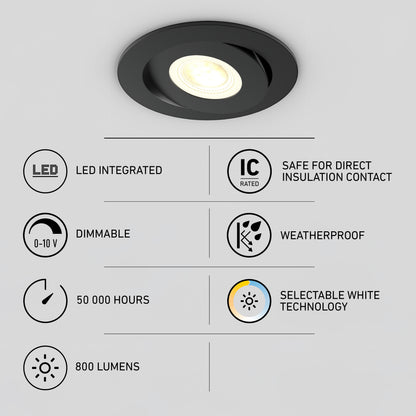 Skyview 4in Gimbal Round 5CCT LED: JA8-2022 compliant, adjustable colour temp, integrated LED, IC rated, dimmable, weatherproof, 50,000-hour lifespan, and 800 lumens.