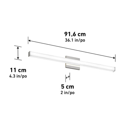 The Mylo LED Vanity Light 36" is a rectangular, wall-mounted sconce ideal for bathroom lighting, measuring 91.6 cm (36.1 in) wide, 11 cm (4.3 in) tall, and extending 5 cm (2 in) from the wall.