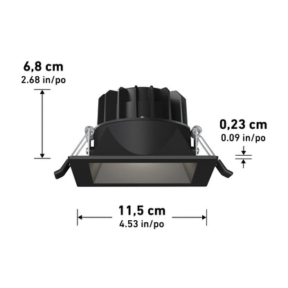 The Skyview 4in Regressed Square, 5CCT LED is a black recessed pot light with cooling fins, shown side-on. Dimensions: height 6.8 cm (2.68 in), frame thickness 0.23 cm (0.09 in), width 11.5 cm (4.53 in). Adjustable color balance included.