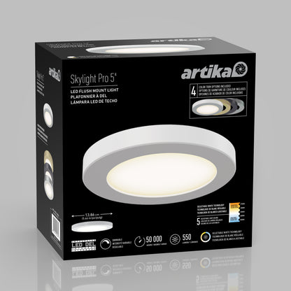 A black box showcases the 5" LED Skylight with 3 colour trim rings, featuring product images, specs like 13.86W power, 50,000-hour lifespan, 550 lumens brightness, and selectable color temperatures.