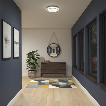 A modern hallway with blue and white walls, wood flooring, a geometric rug, dark wood console, round mirror, framed art, potted plant, windows for natural light, and a StarRaker LED Flush Mount Light illuminating the space.