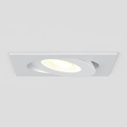 The Skyview 4in Gimbal Square, 5CCT LED is a modern square recessed fixture with an adjustable circular LED that emits a soft white glow, shown against a plain white background.