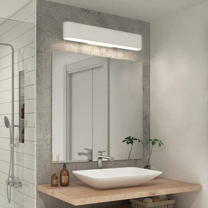 Modern bathroom with a rectangular mirror above a wooden countertop, white vessel sink, and sleek faucet. The Willow LED Vanity 3CCT Light is mounted above the mirror, providing adjustable color balance. Shower area is visible on the left.