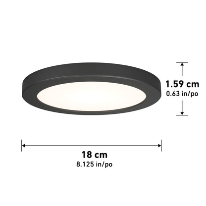 The Skylight Pro 7 5K Flat Panel Light is a round, black, flush-mount ceiling light with an illuminated center, measuring 18 cm (8.125 in) wide and 1.59 cm (0.63 in) thick; arrows highlight its width and height.