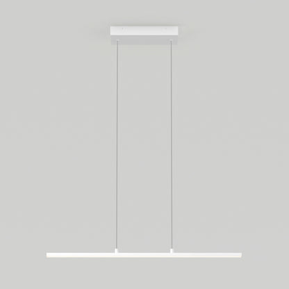 The Delta LED Linear Pendant 36IN features a minimalist white design with a slim horizontal bar suspended from the ceiling by two thin vertical wires, shown against a plain light gray background.