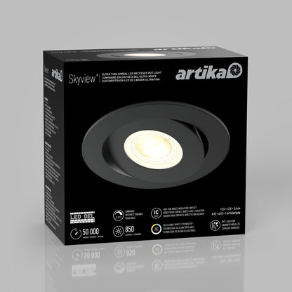 Black box packaging for the Skyview 4in Gimbal Round 5CCT LED pot light, showing the fixture, specs icons, and features like 50,000-hour lifespan, 850 lumens brightness, and IC rating.