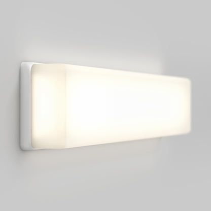 The Aster 27in Energy Star LED Vanity Light features a modern rectangular design with a frosted white cover, casting soft, even light on a plain light gray wall.