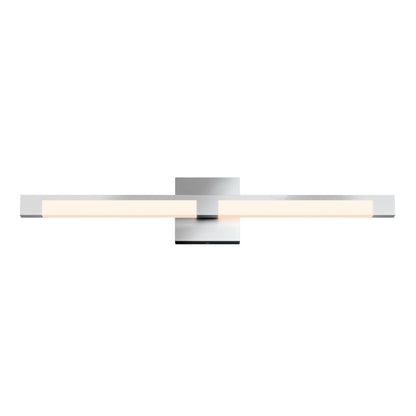 The Tivoli 27'' Vanity Light is a modern, wall-mounted fixture with a sleek metallic finish and two illuminated rectangular bars, perfect for contemporary spaces.