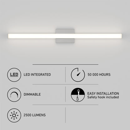 Mylo LED Vanity Light 36IN shown above four icons and text: LED integrated, dimmable, 2500 lumens, 50,000 hours lifespan, plus easy installation with safety hook included—all displayed on a light gray background.
