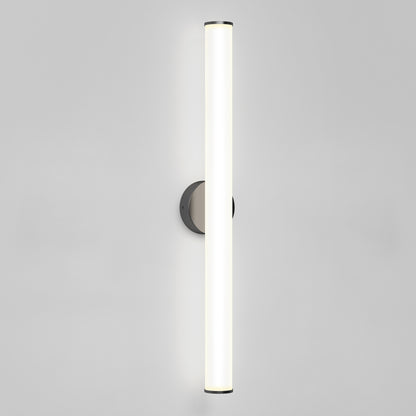 The Kalio Indoor LED Wall Sconce 32" features a modern, wall-mounted vertical white light tube with a round dark base, shown against a plain light gray background. Suitable for 0-10V dimming and 120-277V.