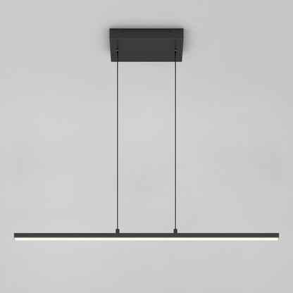 The Delta LED Linear Pendant 36IN is a modern, minimalist black fixture suspended from the ceiling by two slim cables, softly glowing against a plain light grey background.